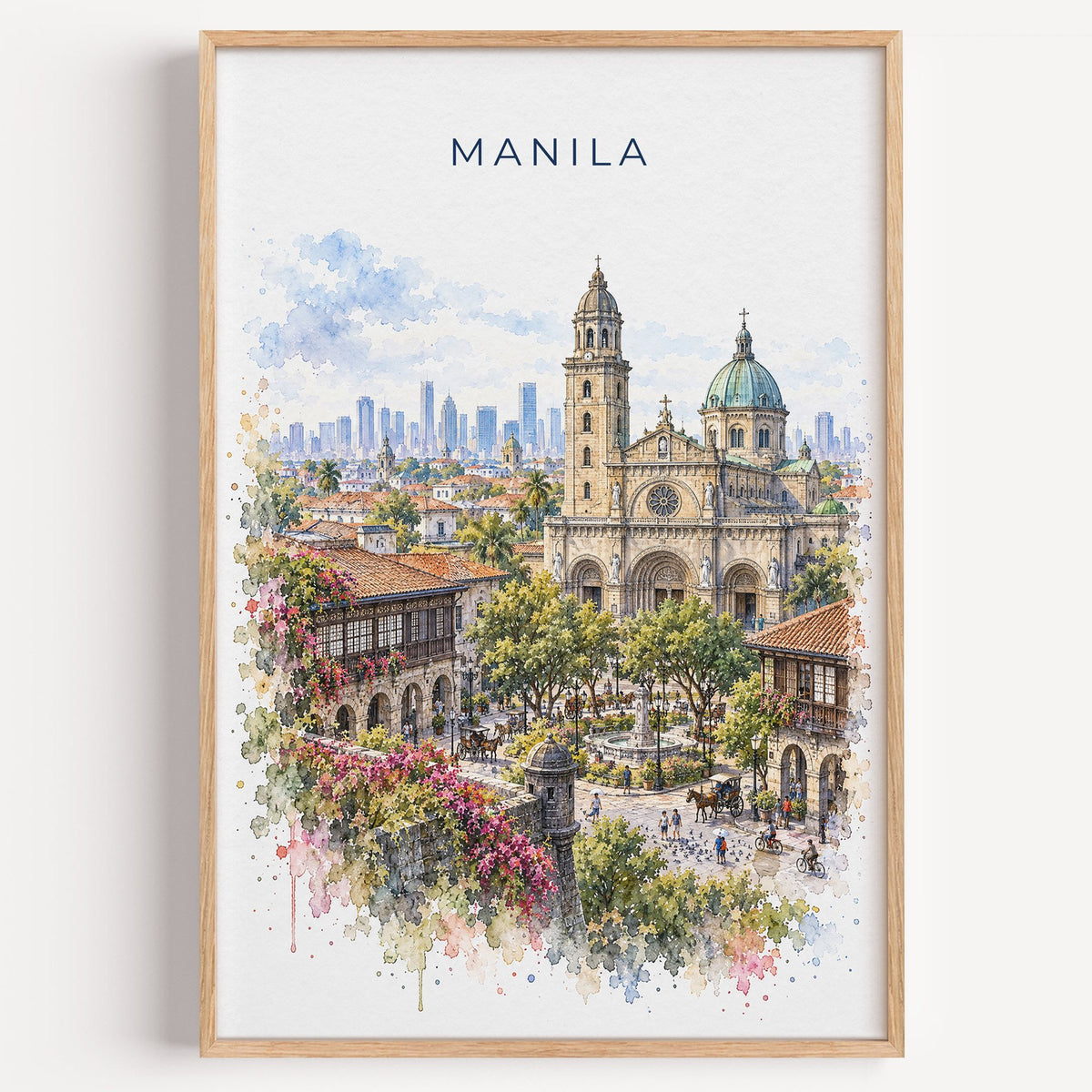 Manila watercolor print in a light oak frame on a plain white wall