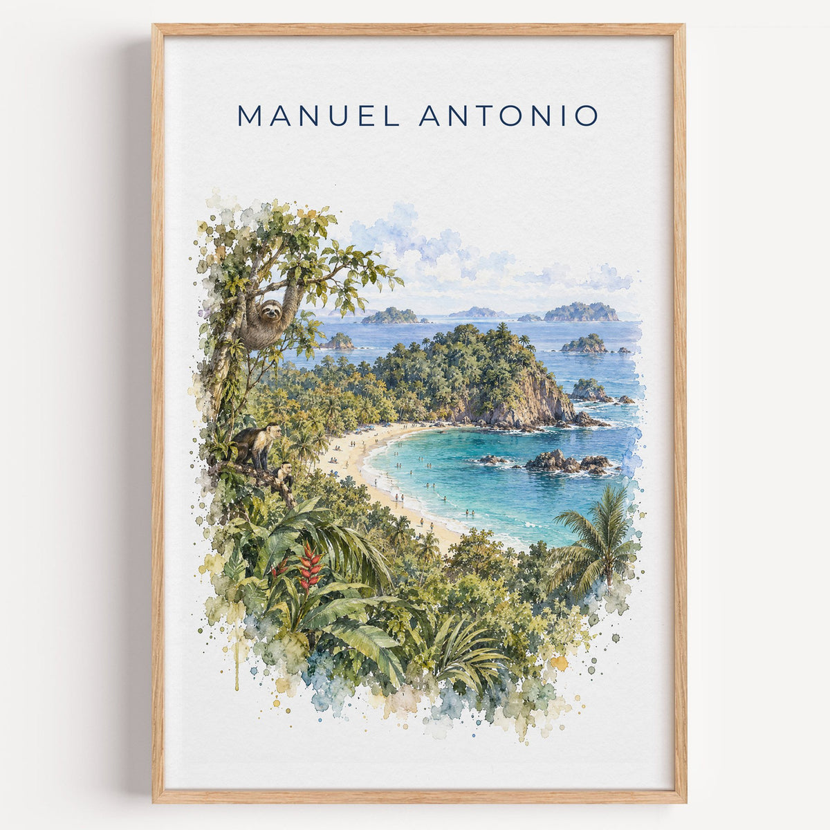 Manuel Antonio watercolor print in a light oak frame on a plain white wall