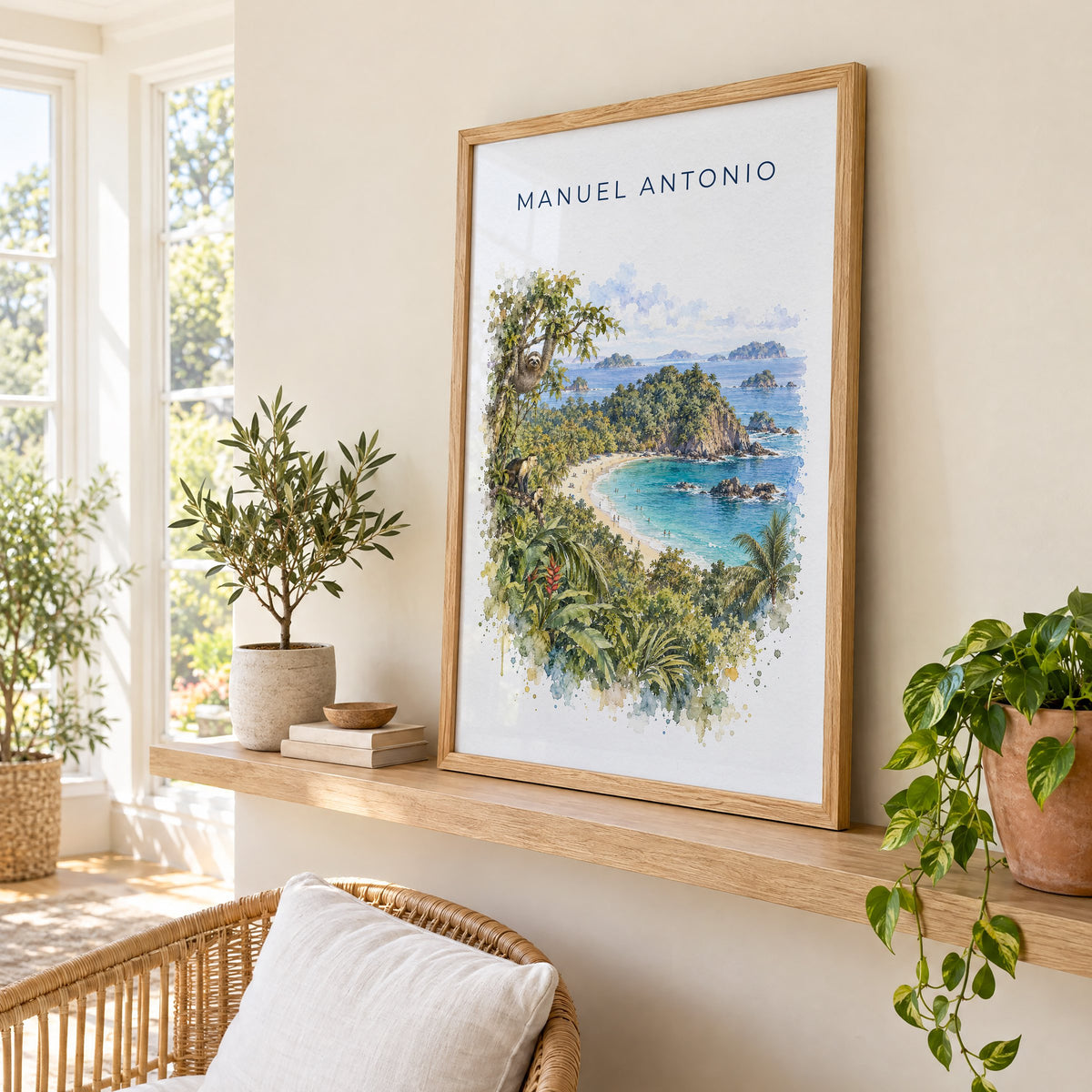 Manuel Antonio watercolor print in an oak frame on a picture ledge in a sunlit sunroom