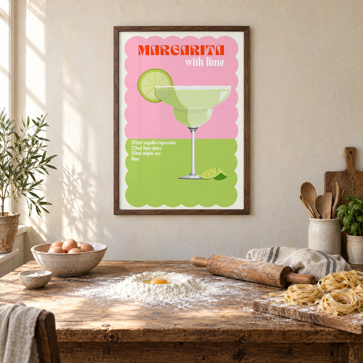 Margarita with lime scalloped print in a walnut frame above a rustic table set for making fresh pasta
