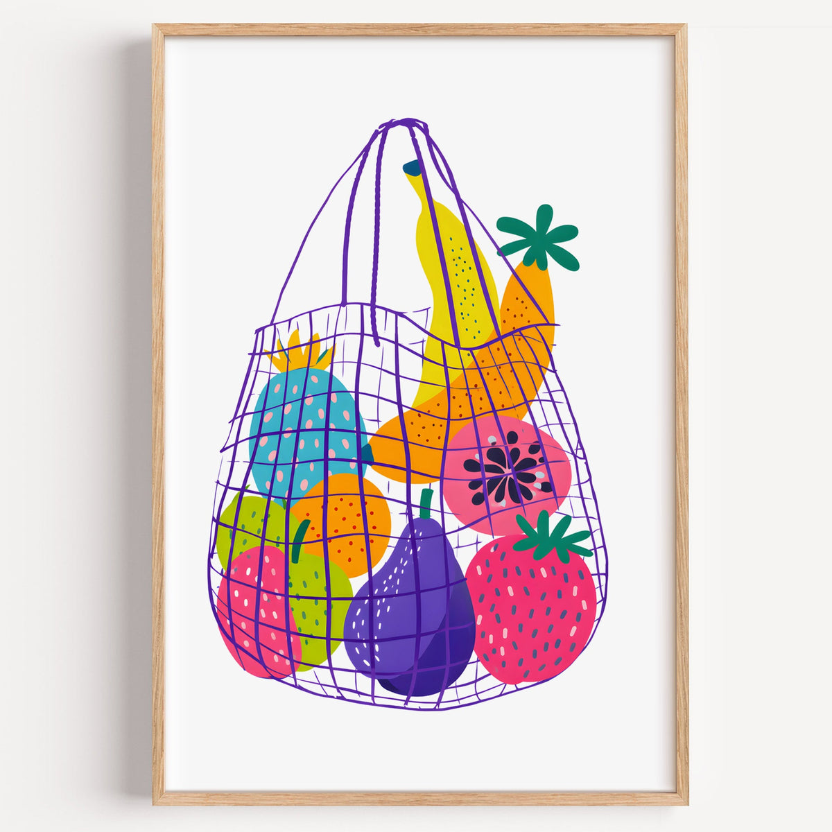 Fruit market mesh bag print in a light oak frame on a plain white wall