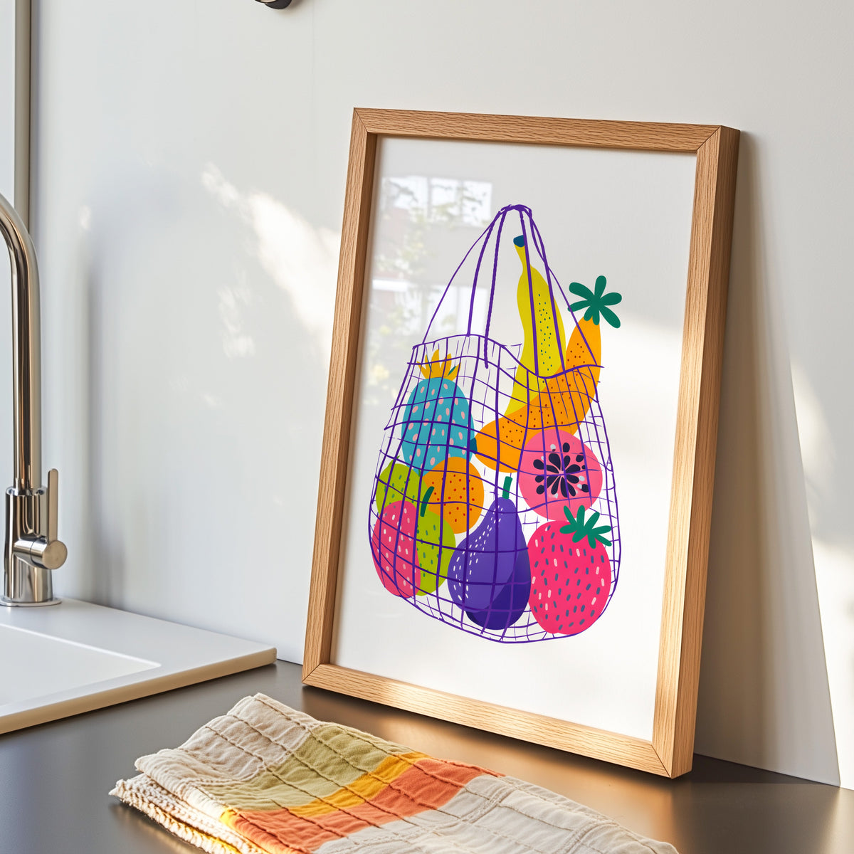 Fruit market bag print in an oak frame by the kitchen sink with a striped tea towel