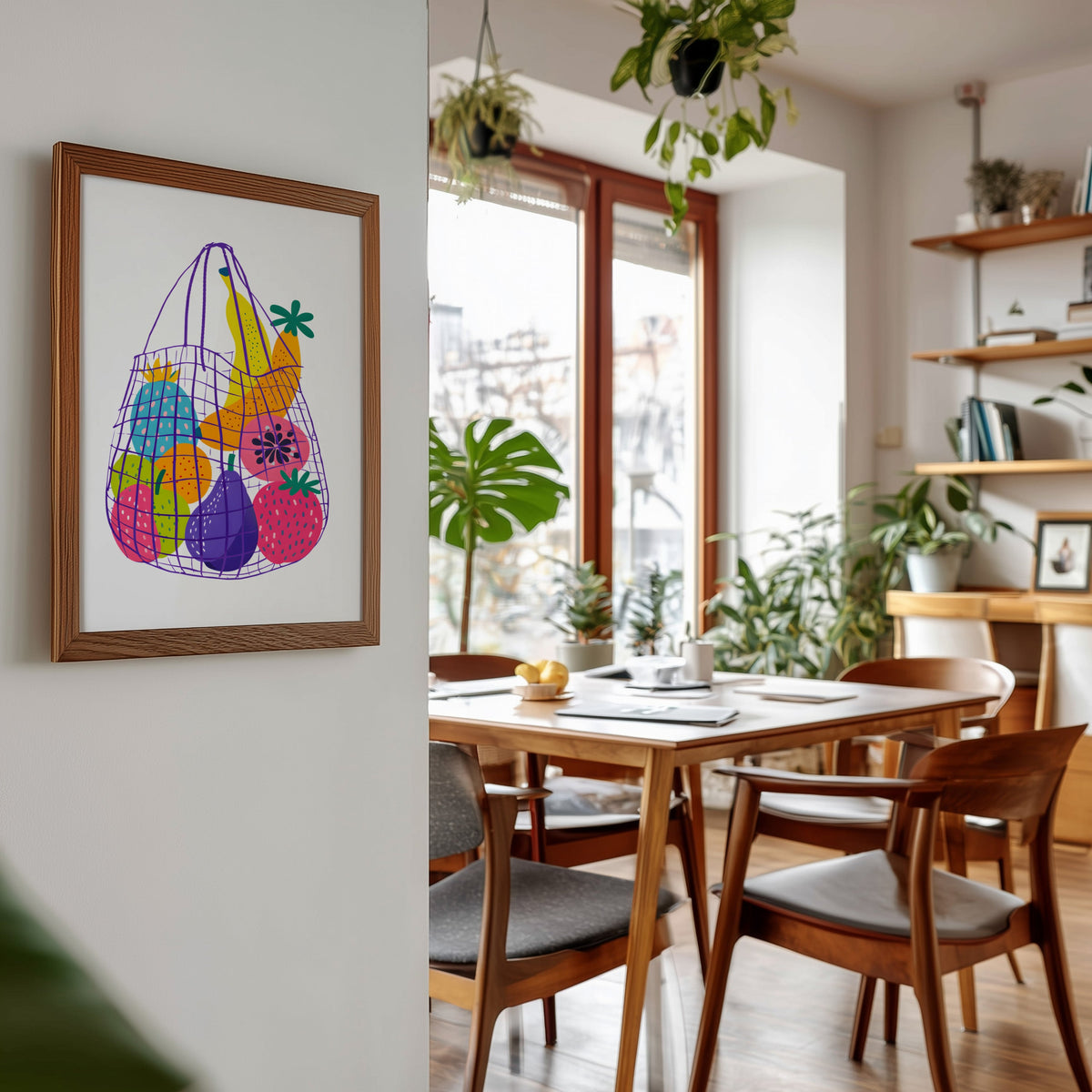 Fruit market bag print in a walnut frame beside a mid-century dining table