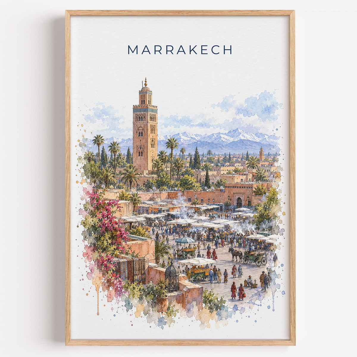 Marrakech watercolor print in a light oak frame on a plain white wall
