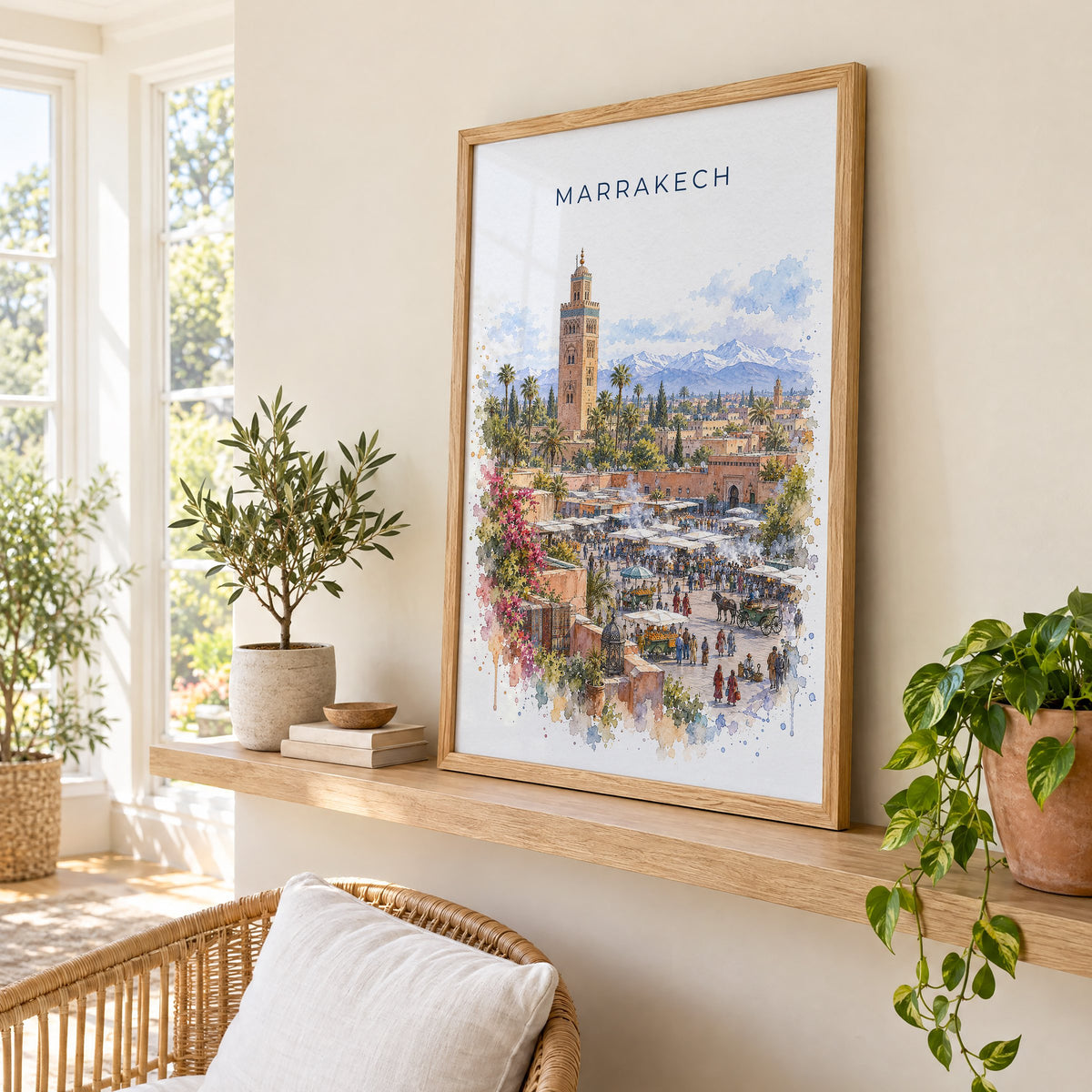 Marrakech watercolor print in an oak frame on a picture ledge in a sunlit sunroom