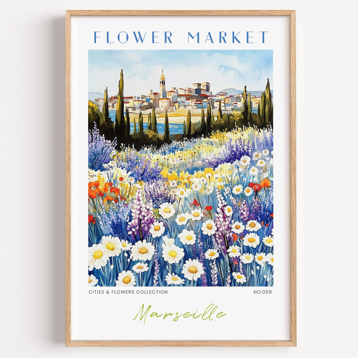 Marseille flower market print in a light oak frame on a plain white wall