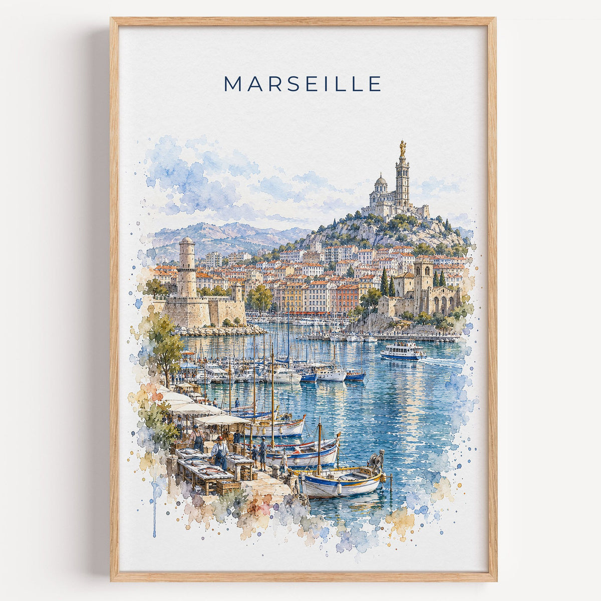 Marseille watercolor print in a light oak frame on a plain white wall