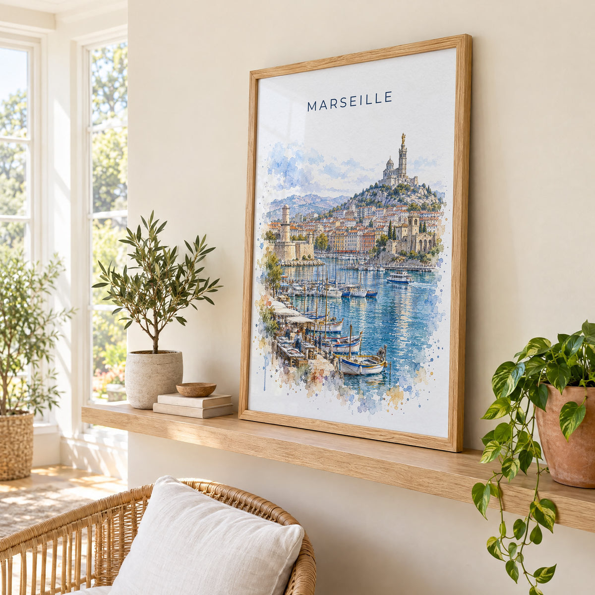 Marseille watercolor print in an oak frame on a picture ledge in a sunlit sunroom