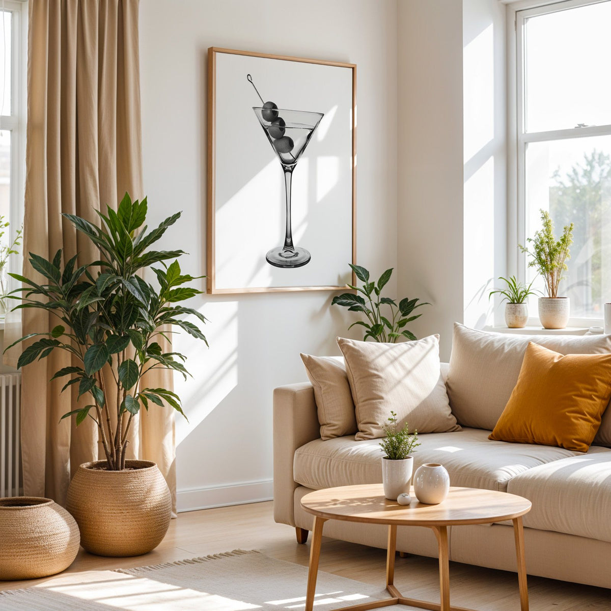 Martini glass with three olives on white print in an oak frame above a cream sofa beside woven planters