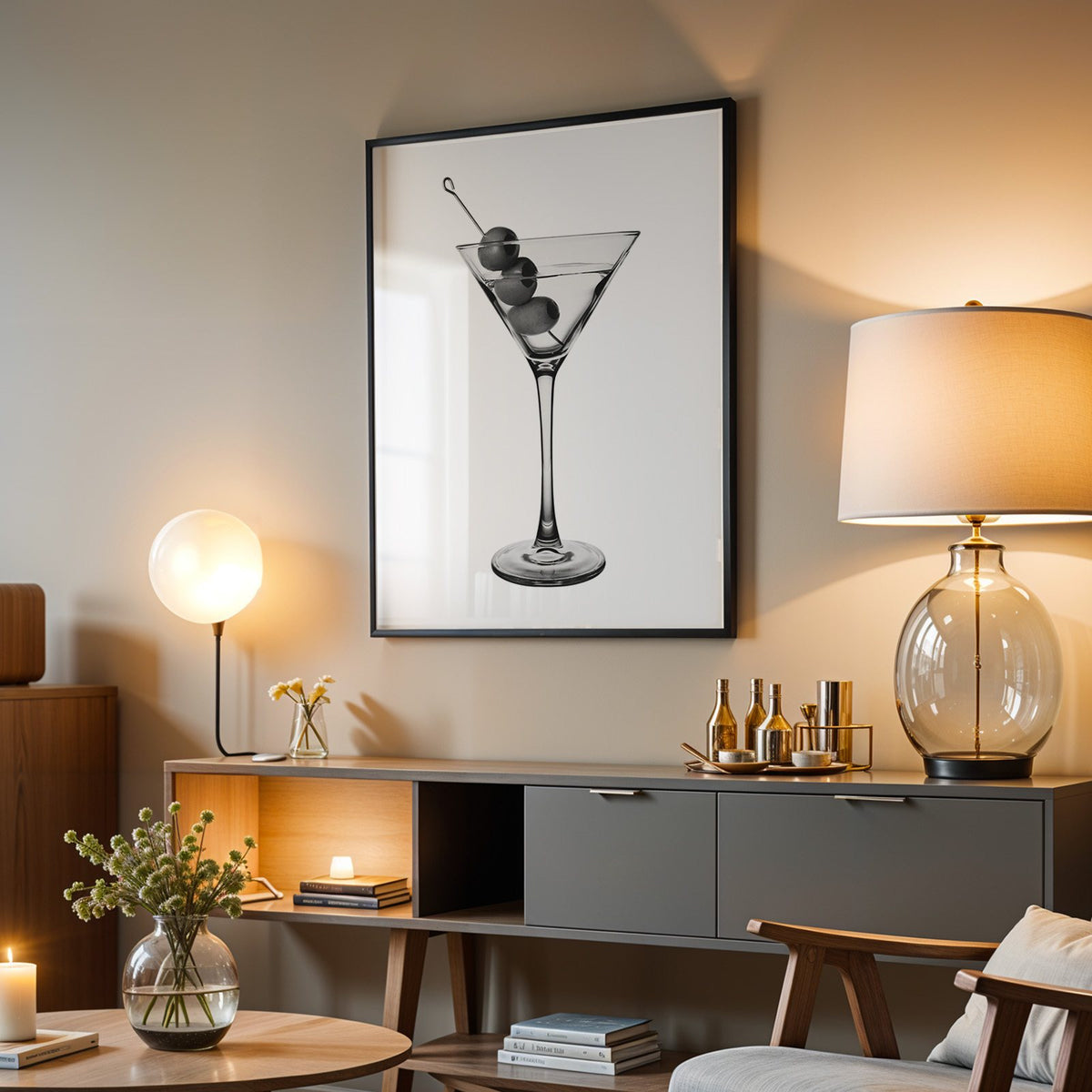 Martini glass with three olives on white print in a black frame above a grey media console with a glass table lamp