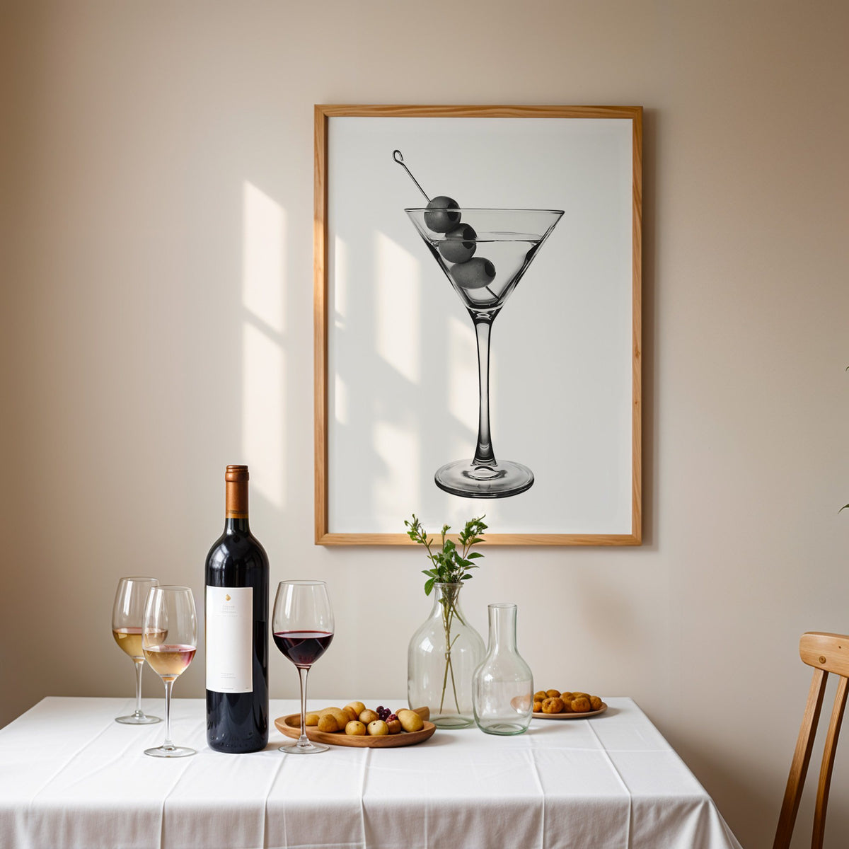 Martini glass with three olives on white print in an oak frame above a table set with red wine and glasses