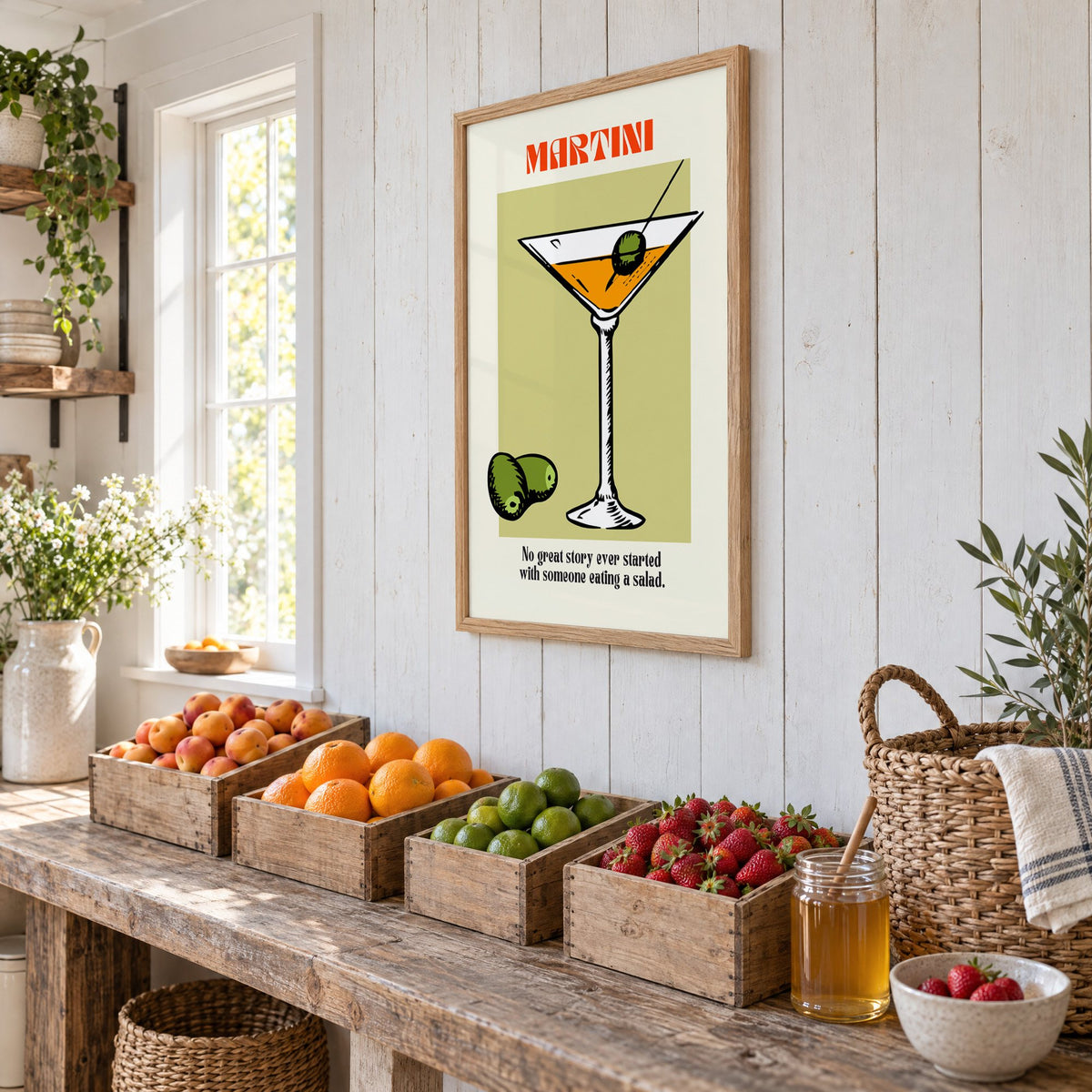 MARTINI sage block olives cocktail print in an oak frame on white plank walls above wooden crates of fresh fruit, seen at an angle