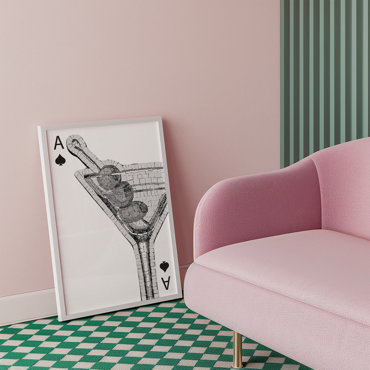 Mosaic martini glass on an ace of spades card print in a white frame beside a pink armchair on a checkered floor