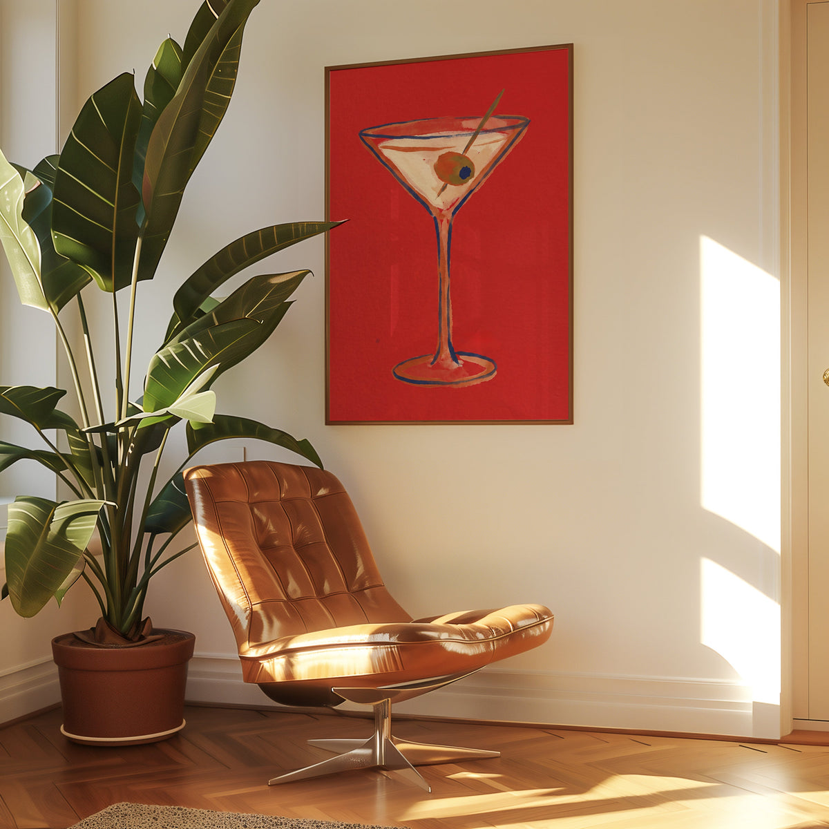 Red cocktail print in a slim walnut frame above a tan leather lounge chair