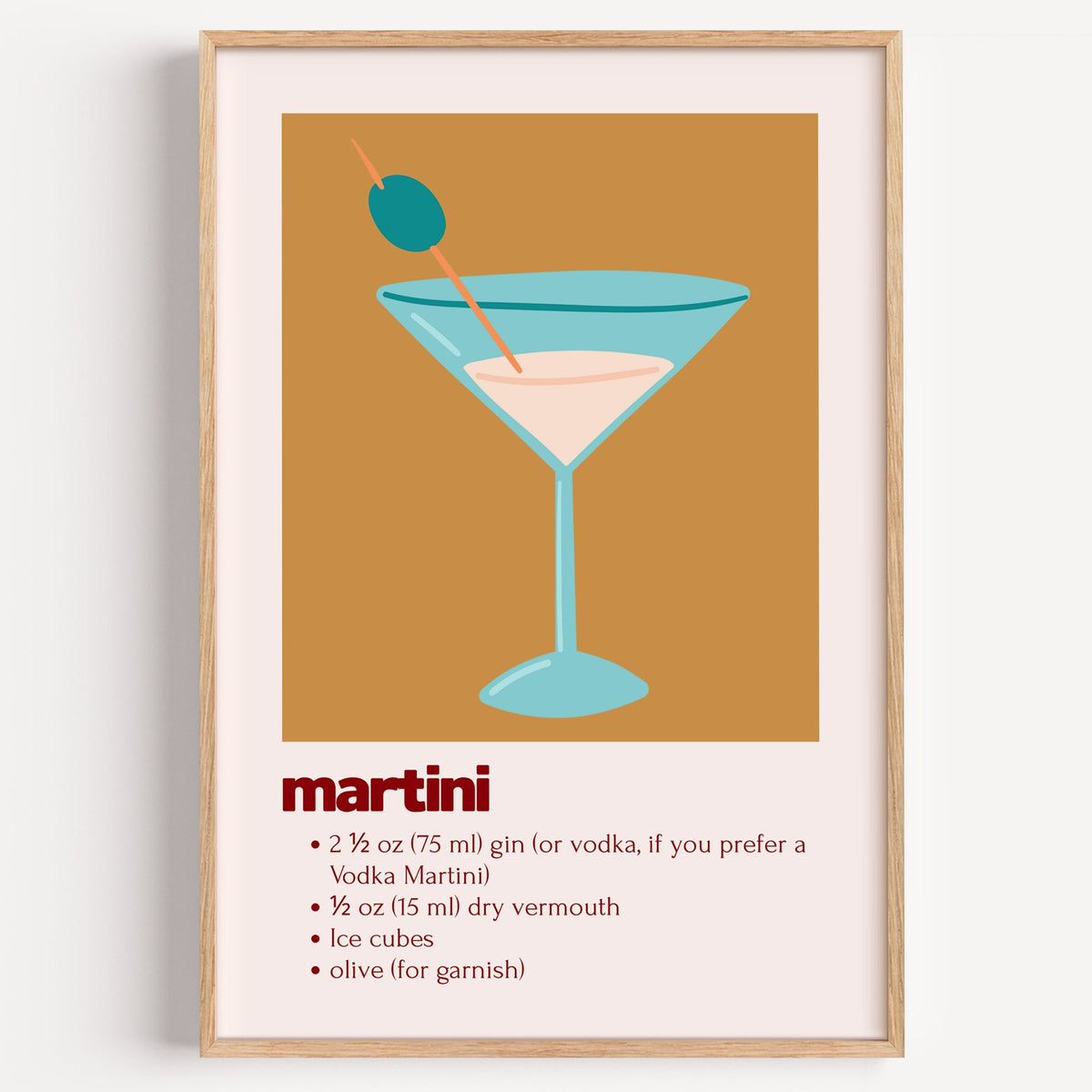 martini recipe olive glass ochre card print in a light oak frame on a plain white wall