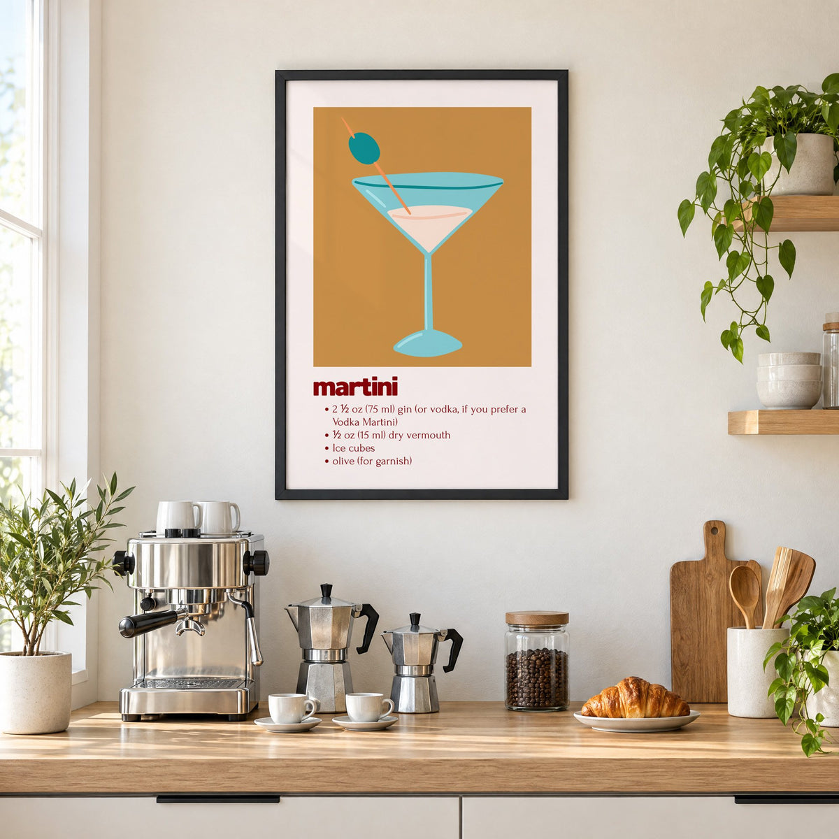 martini recipe olive glass ochre card print in a black frame above a home espresso bar with moka pots and espresso cups