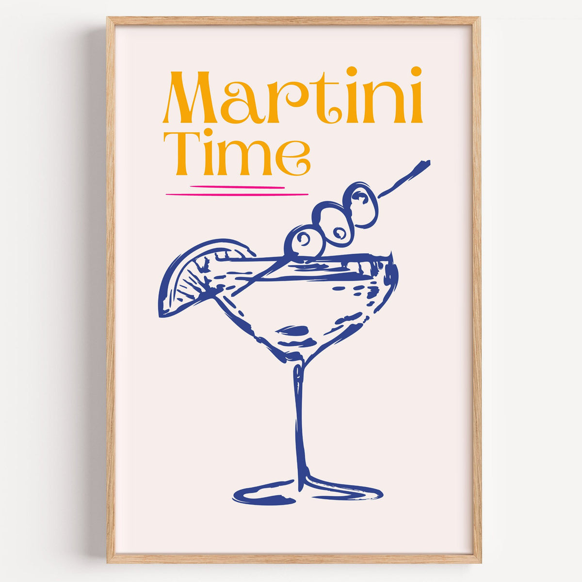 Martini Time blue sketch print in a light oak frame on a plain white wall