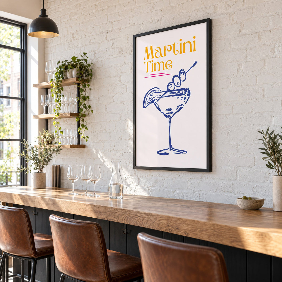 Martini Time blue sketch print in a black frame on a white brick wall above a wine bar counter