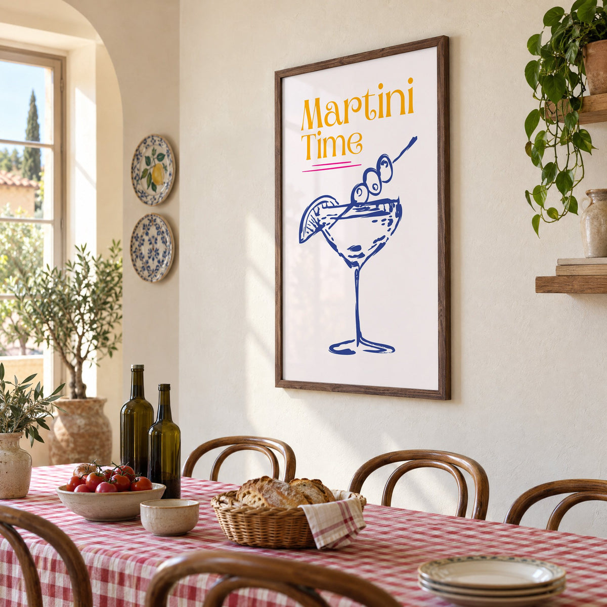 Martini Time blue sketch print in a walnut frame above a gingham-covered trattoria table, seen at an angle