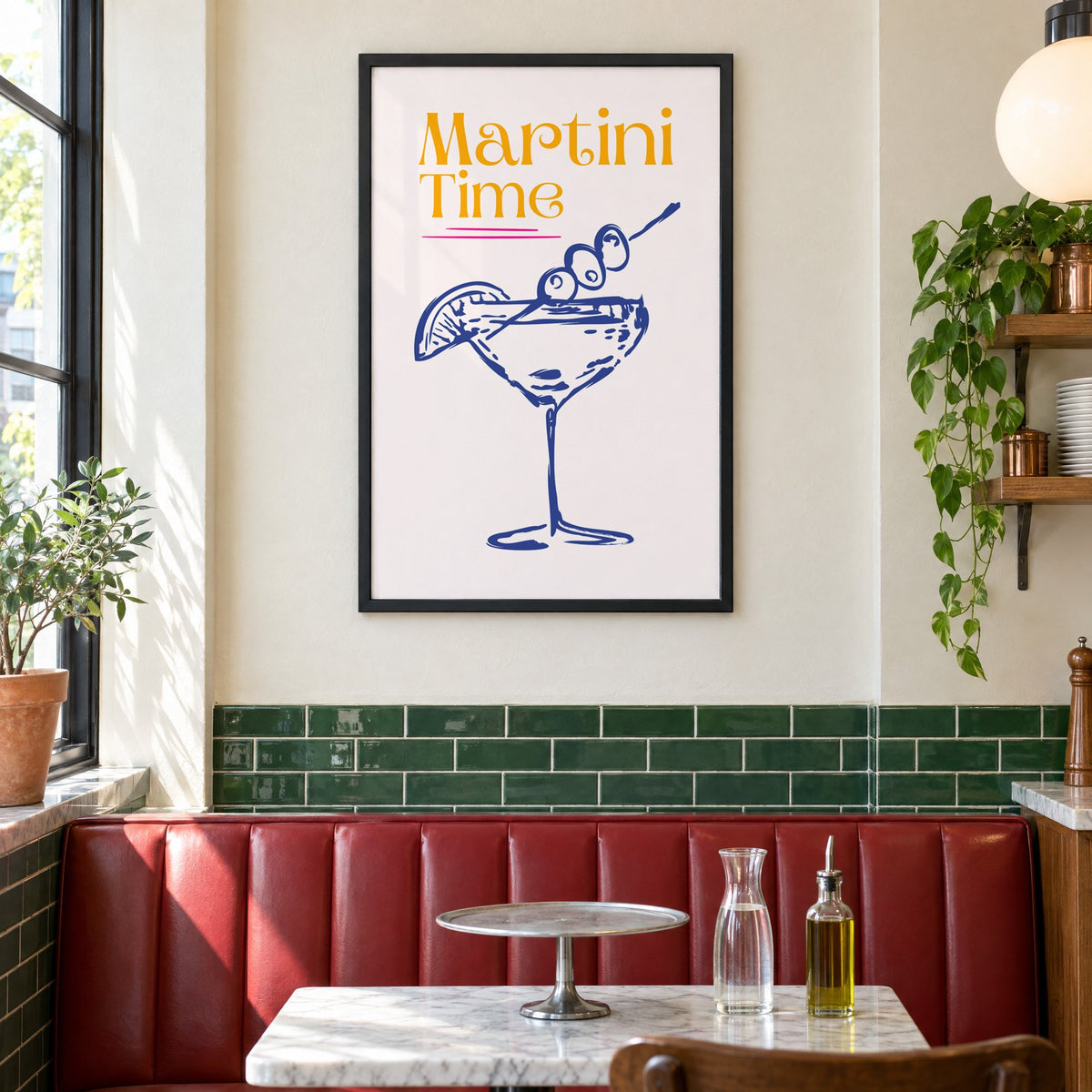 Martini Time blue sketch print in a black frame above a red leather booth in a sunny pizzeria