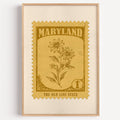 Maryland state flower stamp print in dark gold on honey, light oak frame on a plain white wall