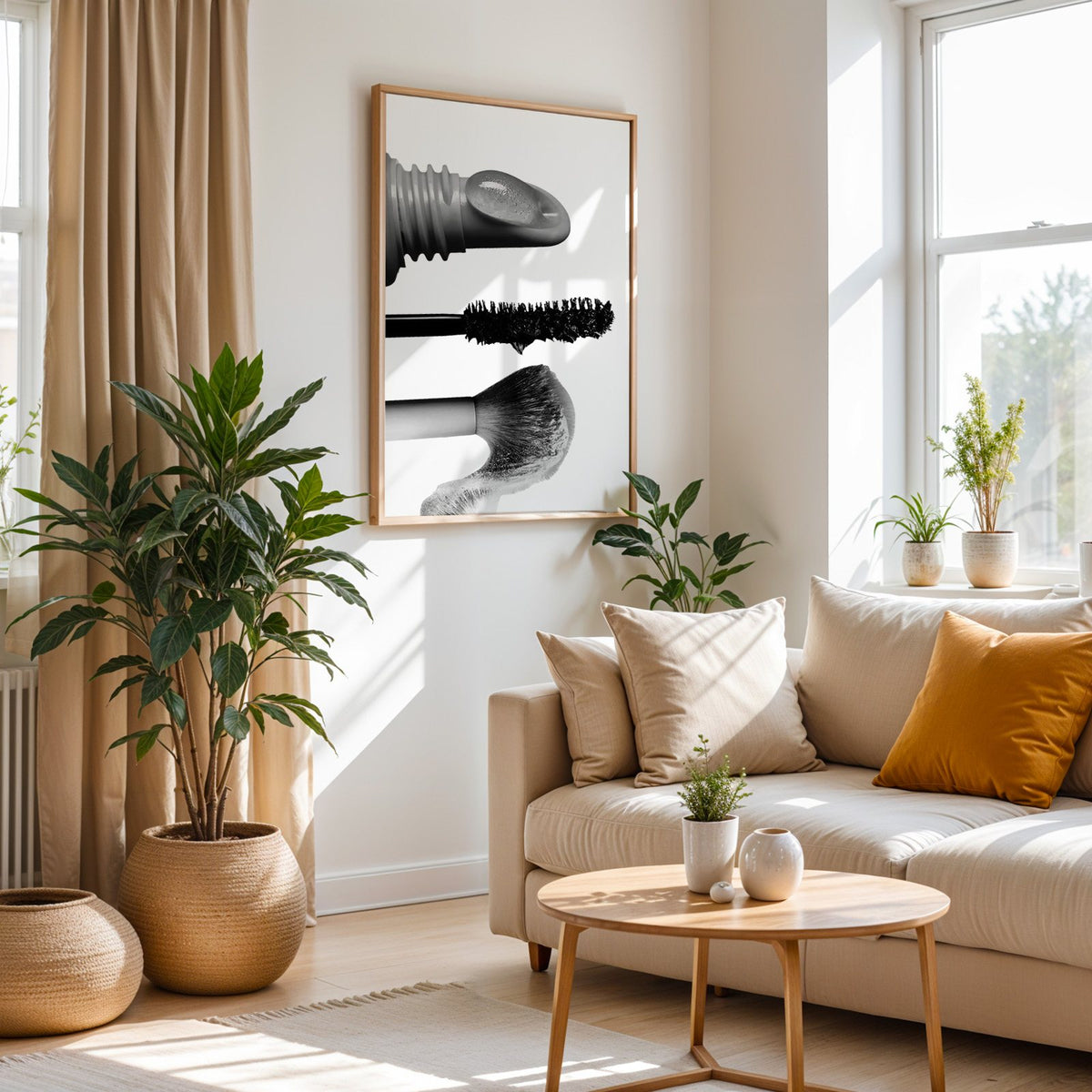 Macro gloss wand, mascara and blush brush print in an oak frame above a cream sofa beside woven planters