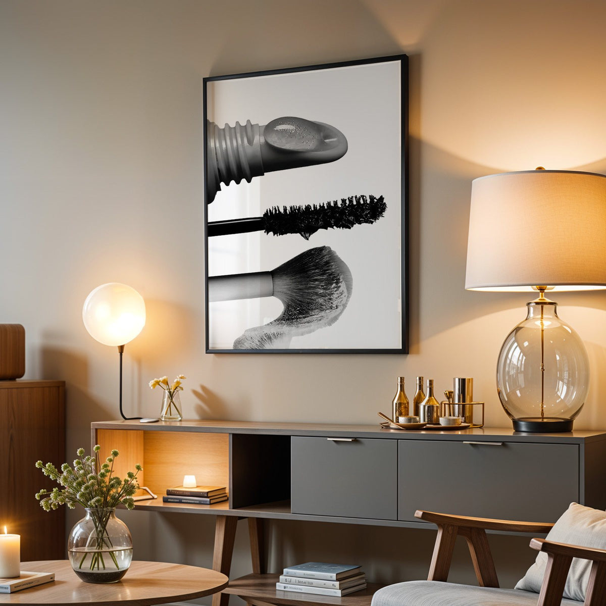 Macro gloss wand, mascara and blush brush print in a black frame above a grey media console with a glass table lamp