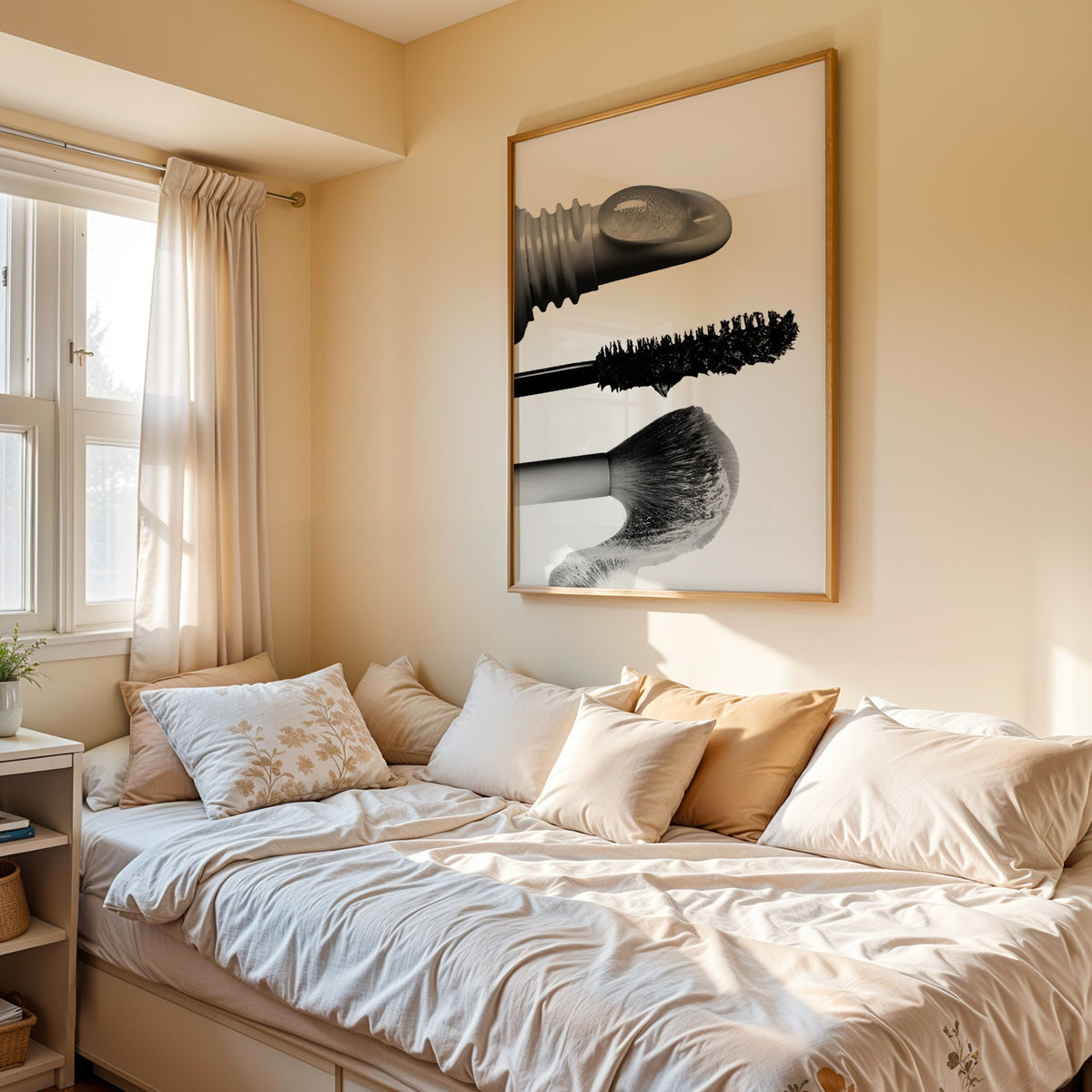 Macro gloss wand, mascara and blush brush print in an oak frame above a cream daybed in a sunny bedroom