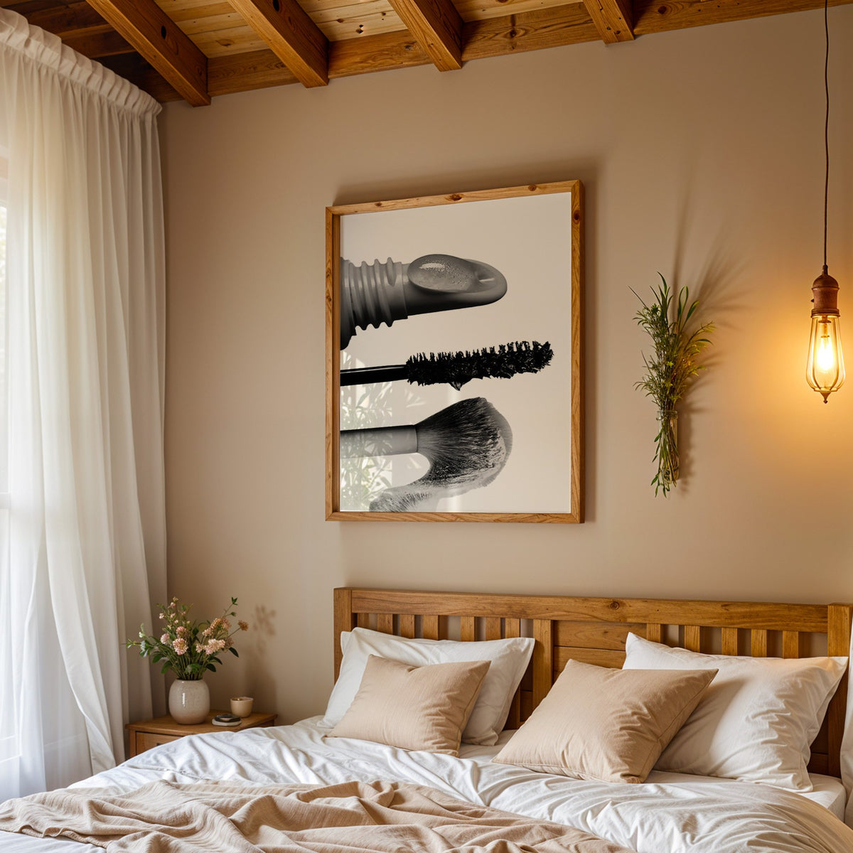 Macro gloss wand, mascara and blush brush print in a pine frame above a wood headboard bed under a pendant bulb