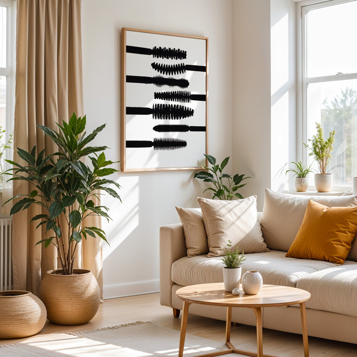Seven mascara wand silhouettes on white print in an oak frame above a cream sofa beside woven planters