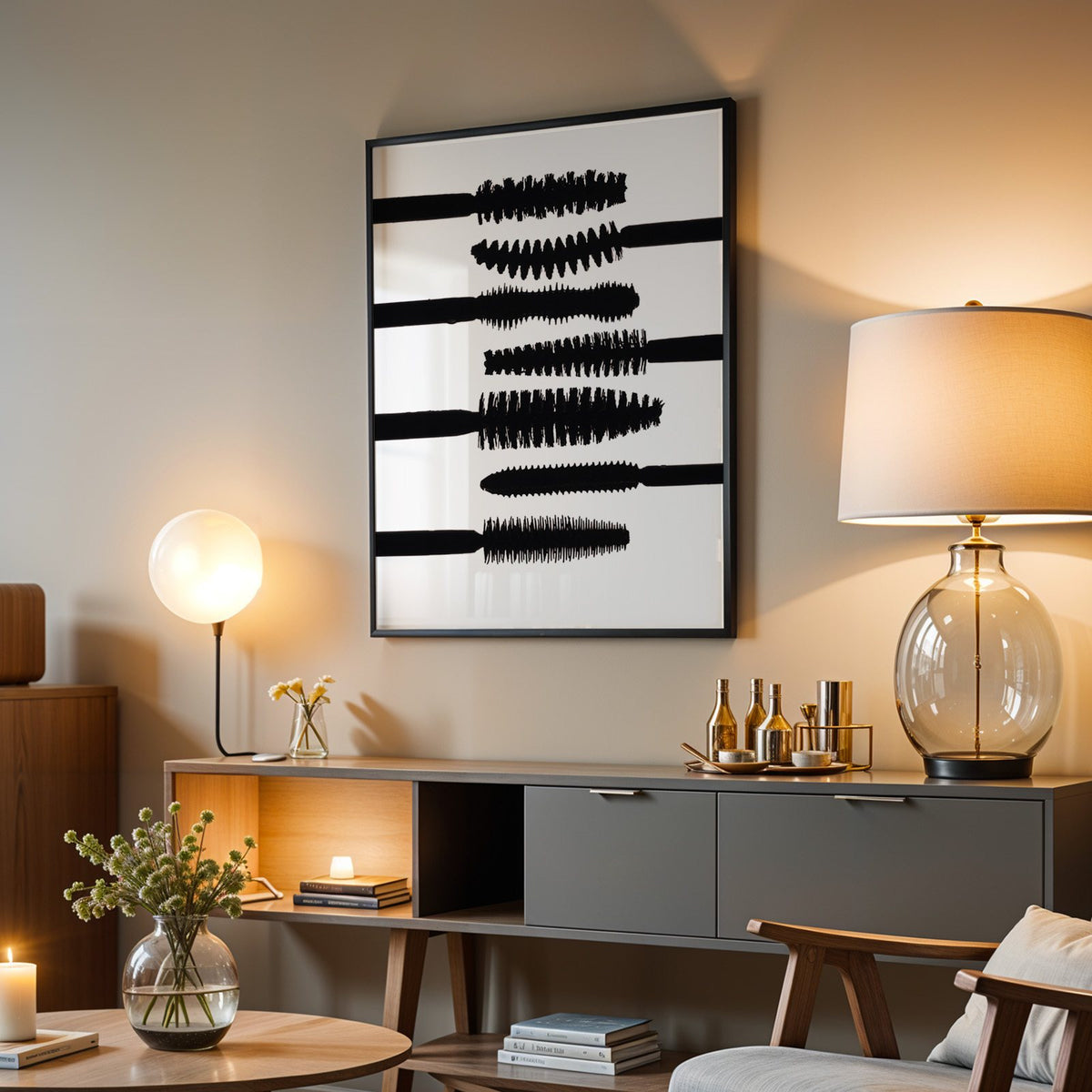 Seven mascara wand silhouettes on white print in a black frame above a grey media console with a glass table lamp