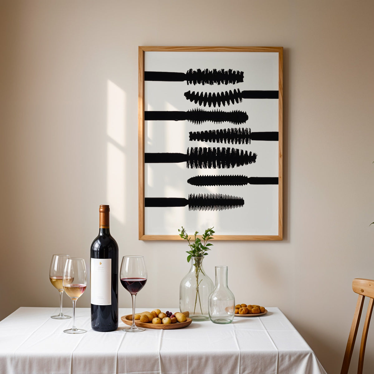 Seven mascara wand silhouettes on white print in an oak frame above a table set with red wine and glasses