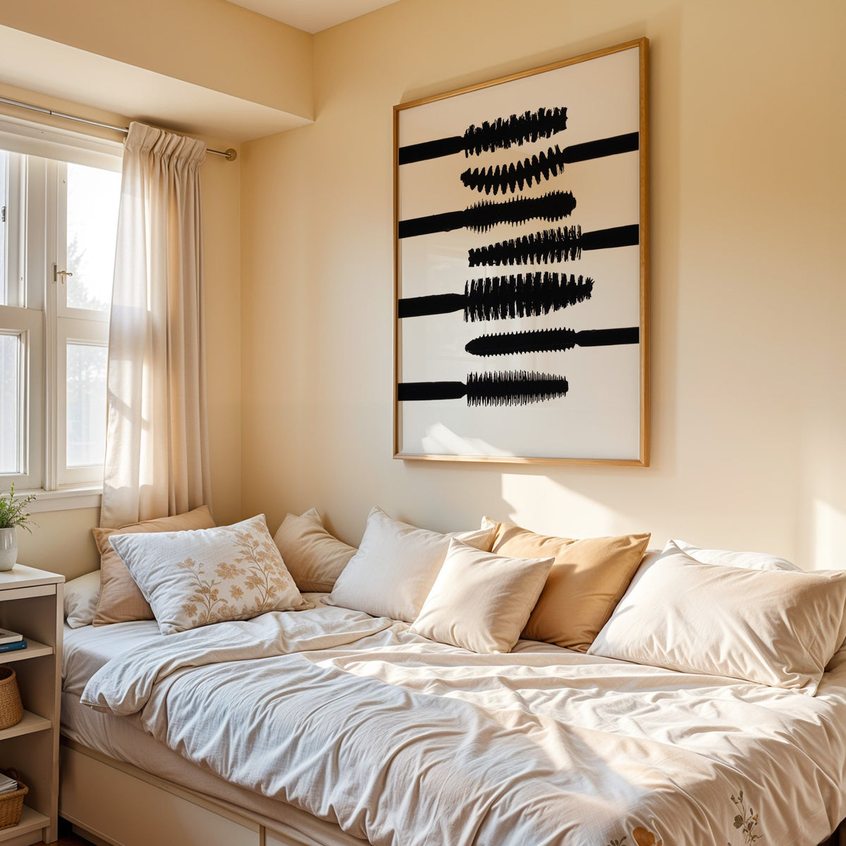 Seven mascara wand silhouettes on white print in an oak frame above a cream daybed in a sunny bedroom
