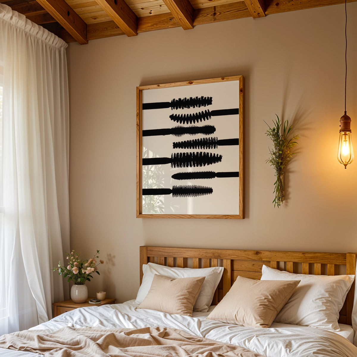 Seven mascara wand silhouettes on white print in a pine frame above a wood headboard bed under a pendant bulb