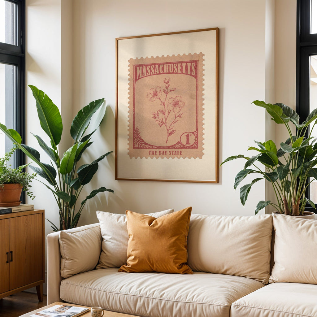 Massachusetts state flower print framed above a cream sofa with an ochre cushion and large plants either side