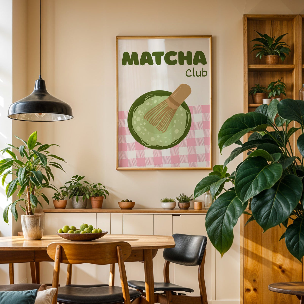 Matcha Club print in an oak frame in a dining room above a plant-lined sideboard