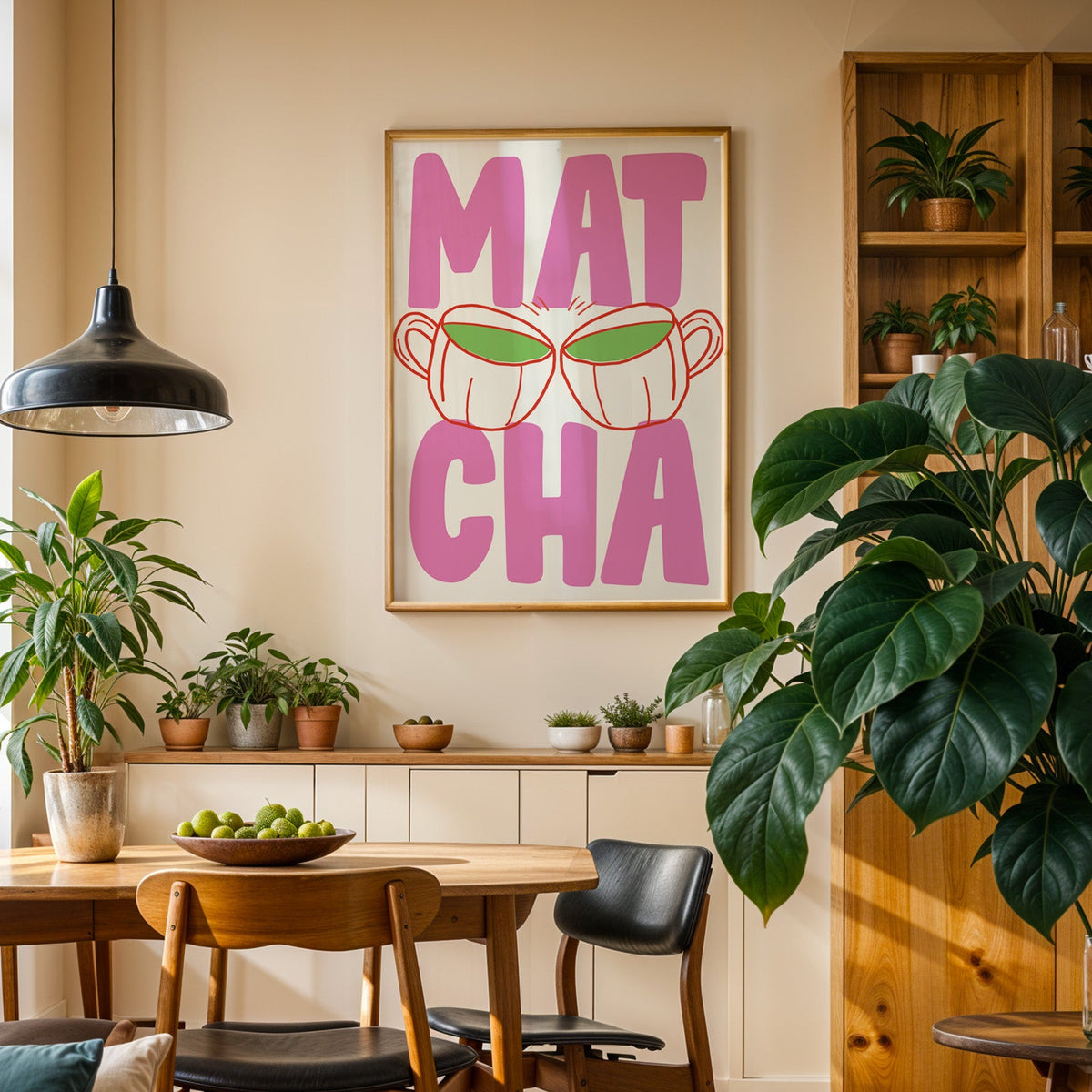 Matcha two cups print in an oak frame above a sideboard in a plant-filled dining room
