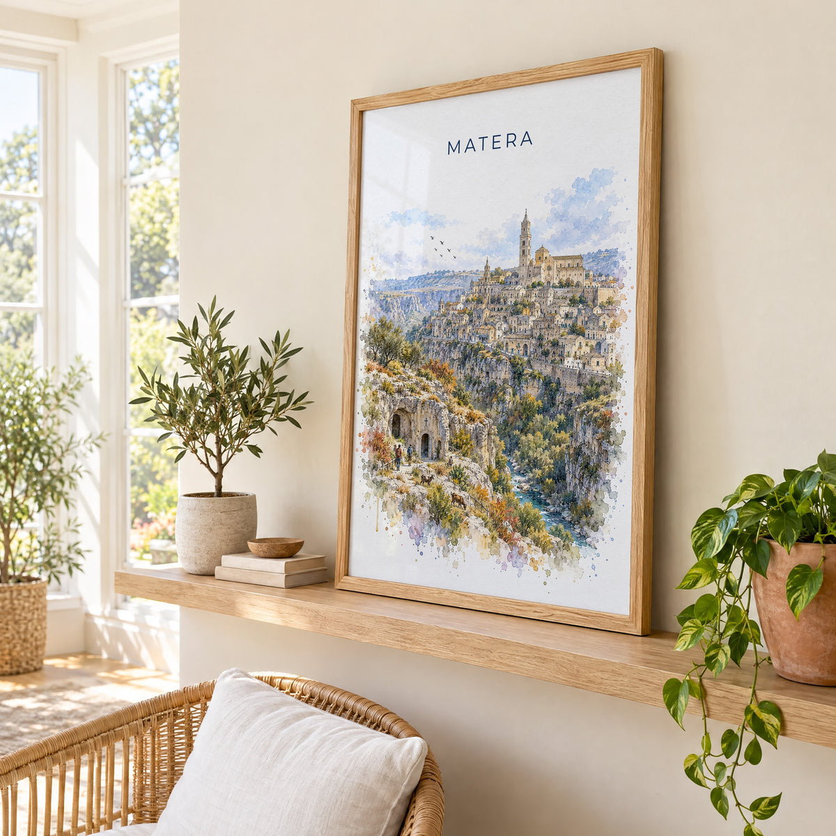 Matera watercolor print in an oak frame on a picture ledge in a sunlit sunroom