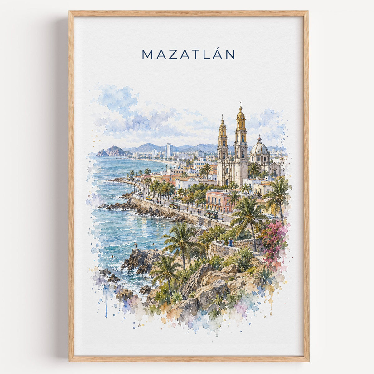 Mazatlan watercolor print in a light oak frame on a plain white wall