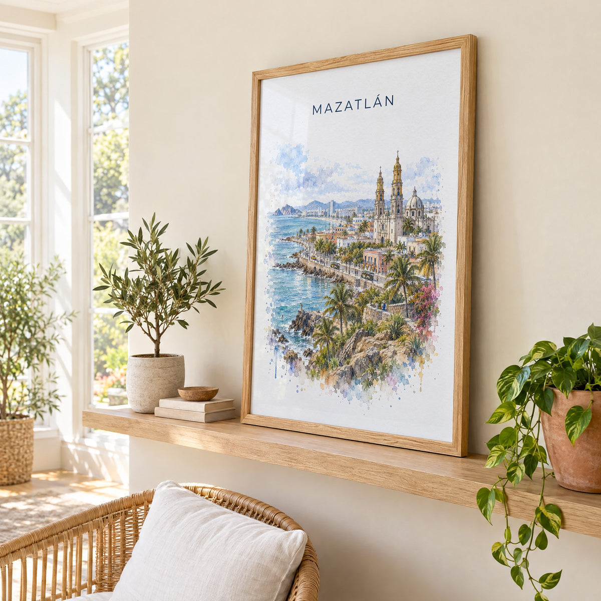 Mazatlan watercolor print in an oak frame on a picture ledge in a sunlit sunroom