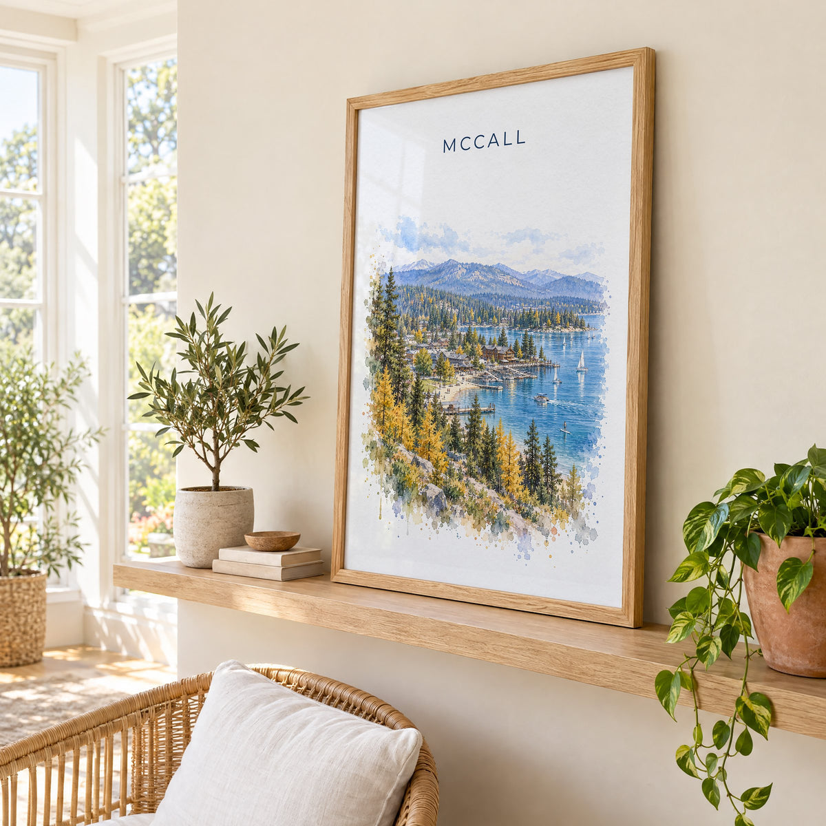 McCall, Idaho watercolor print in an oak frame on a picture ledge in a sunlit sunroom