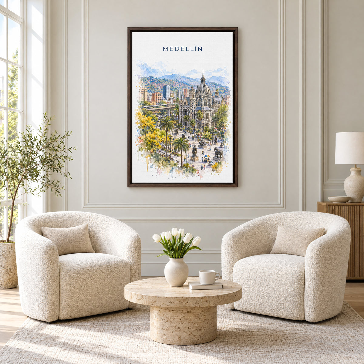 Medellín watercolor print as an espresso floater canvas above two boucle armchairs in a hotel lounge