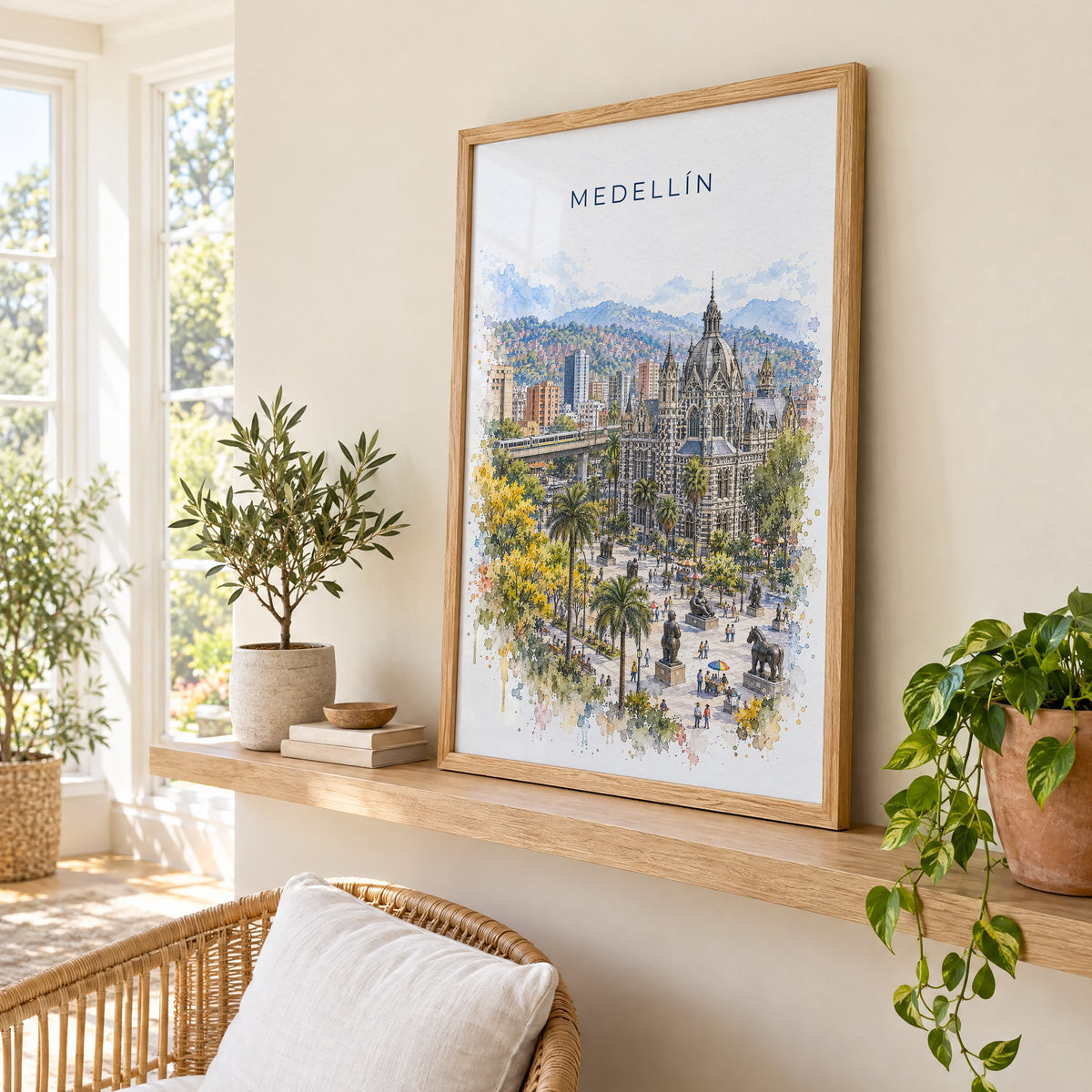 Medellín watercolor print in an oak frame on a picture ledge in a sunlit sunroom