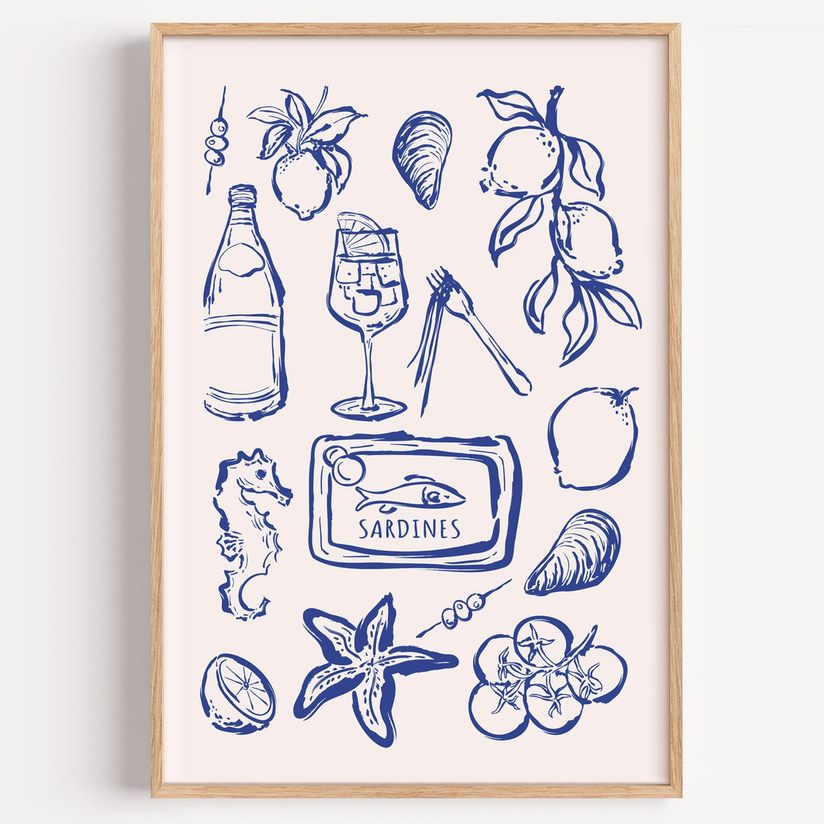 SARDINES tin blue doodle print in a light oak frame on a plain white wall