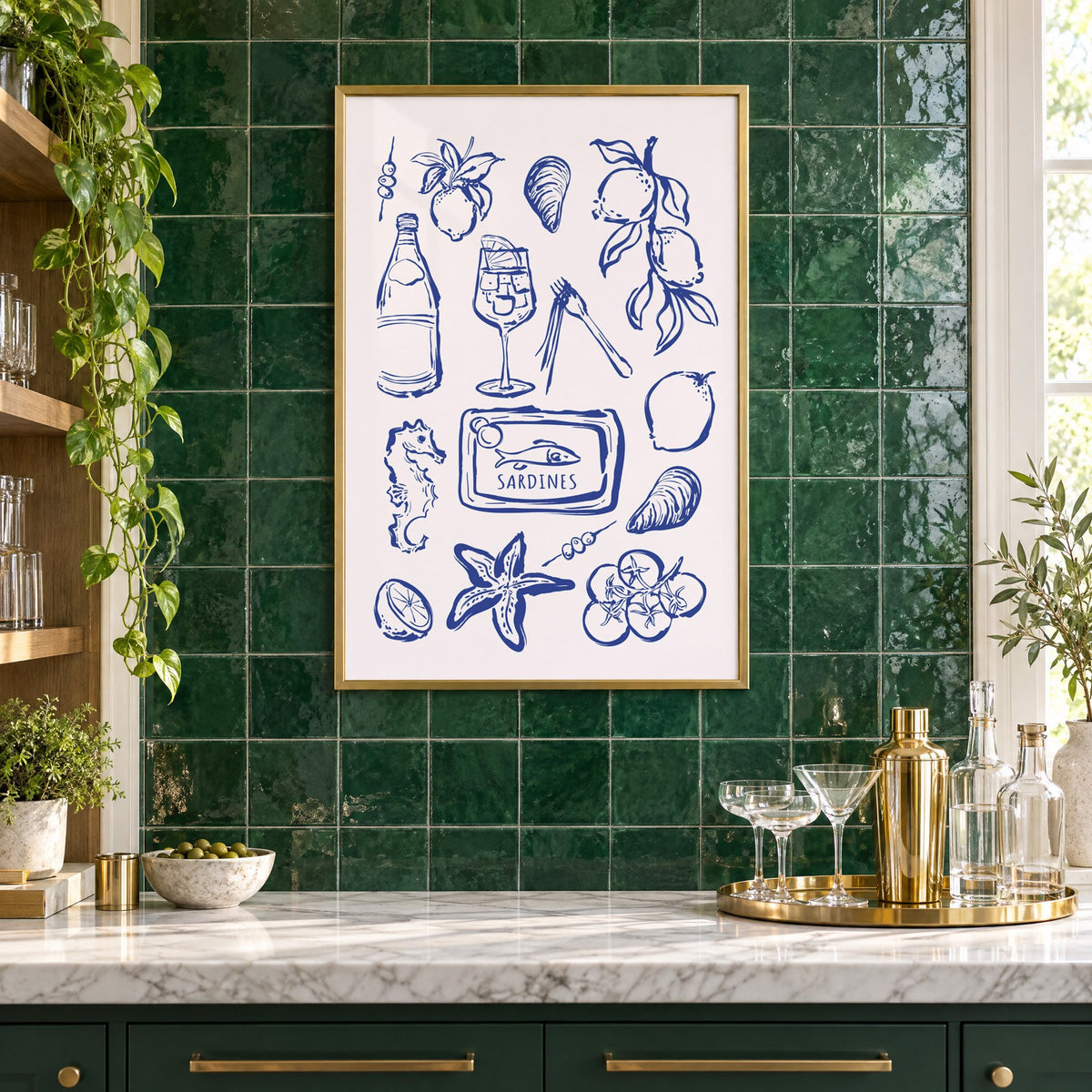SARDINES tin blue doodle print in a brass frame on emerald green tiles above a home bar with coupe glasses