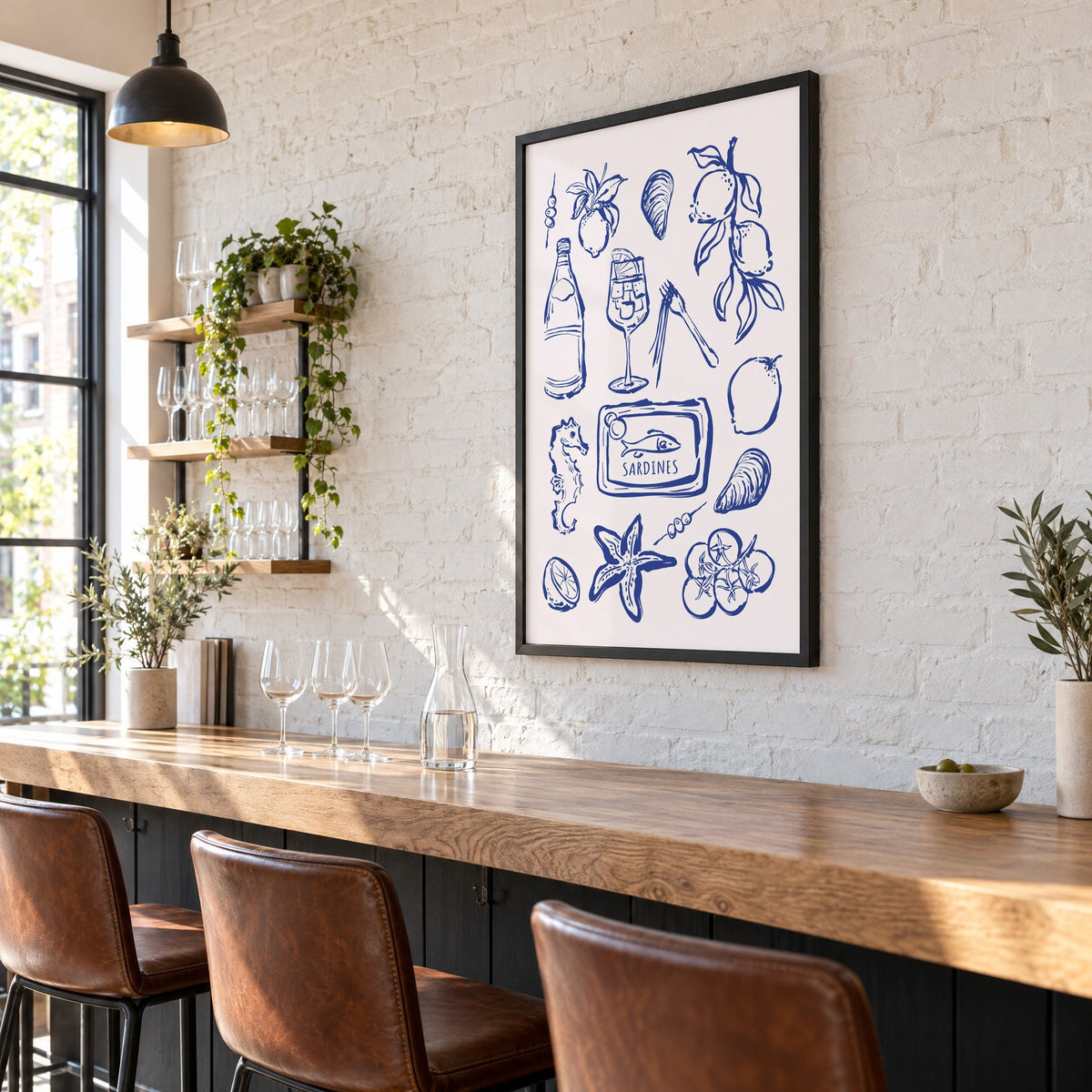 SARDINES tin blue doodle print in a black frame on a white brick wall above a wine bar counter
