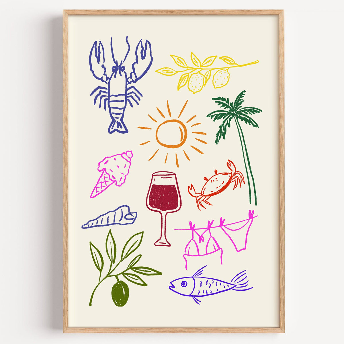 Mediterranean summer doodles lobster and wine print in a light oak frame on a plain white wall