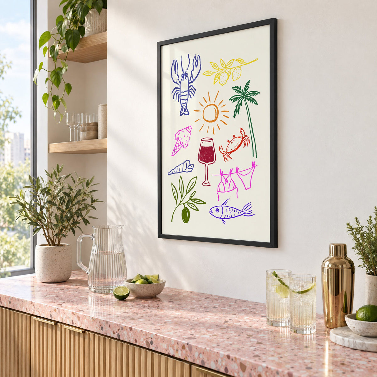 Mediterranean summer doodles lobster and wine print in a black frame above a pink terrazzo cocktail counter with limes, seen at an angle