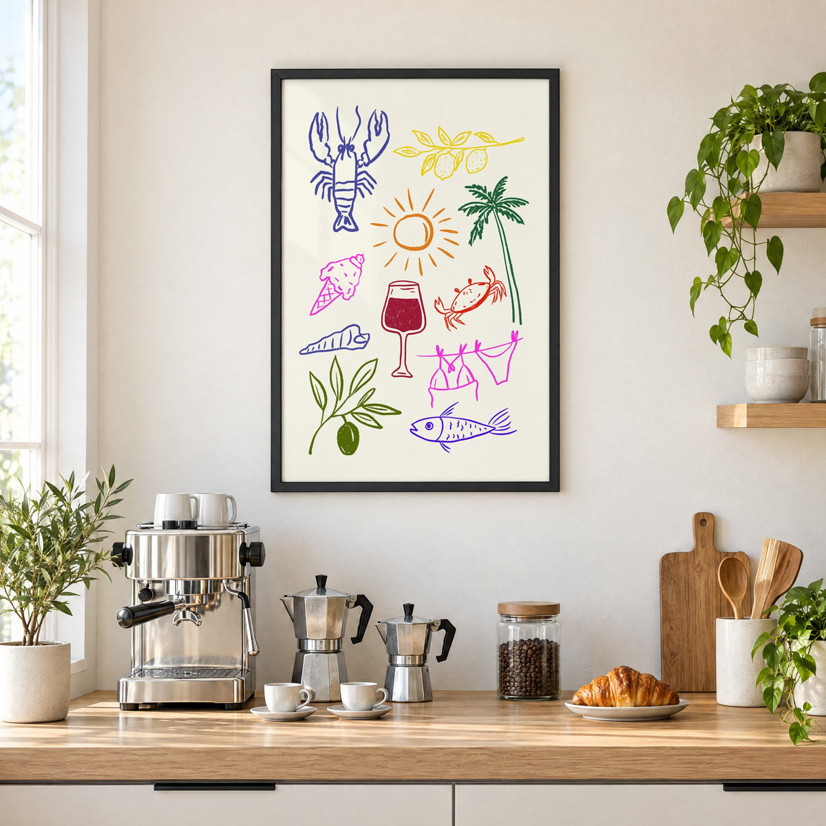Mediterranean summer doodles lobster and wine print in a black frame above a home espresso bar with moka pots and espresso cups