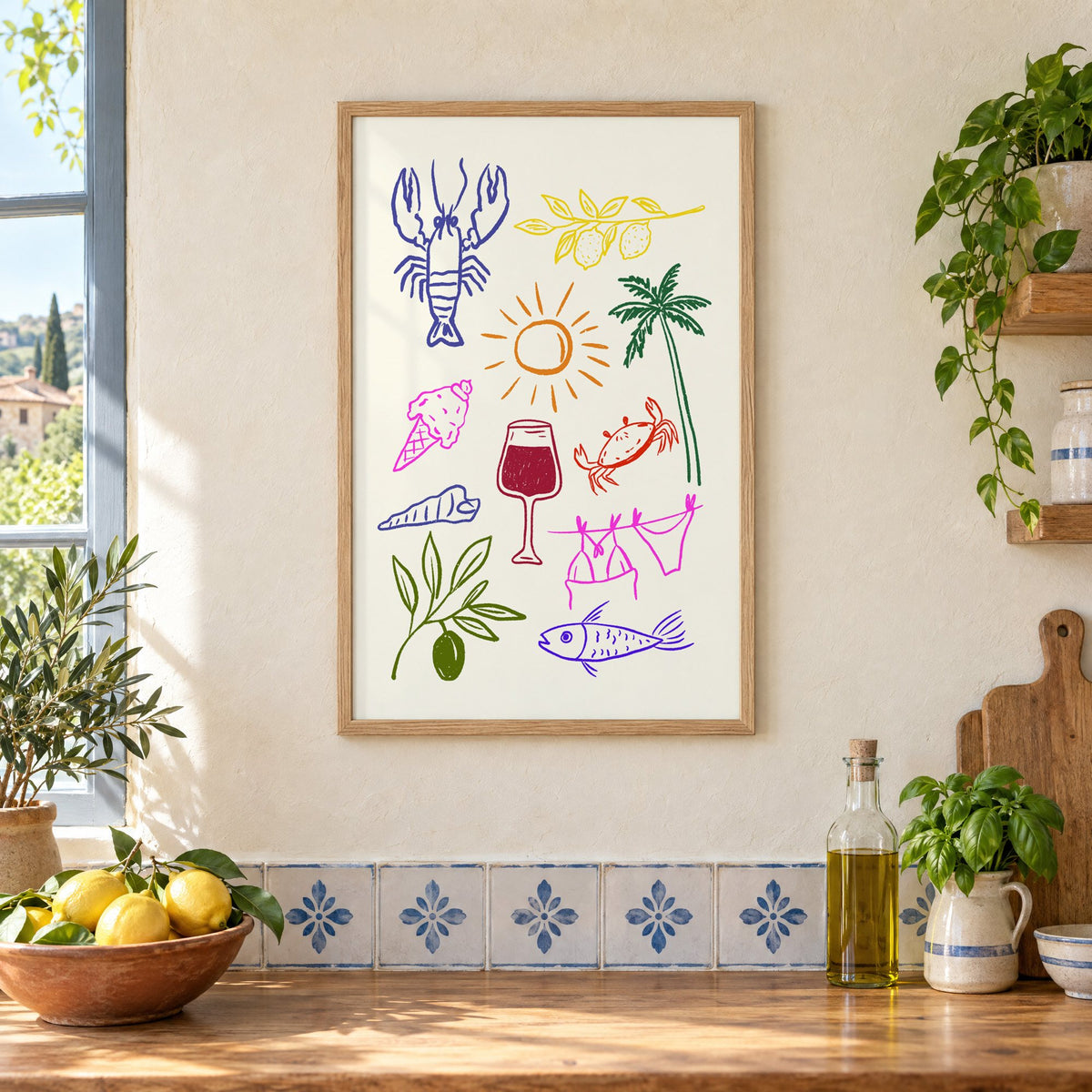 Mediterranean summer doodles lobster and wine print in an oak frame on a cream plaster wall above a worktop with a bowl of lemons and blue-and-white tiles